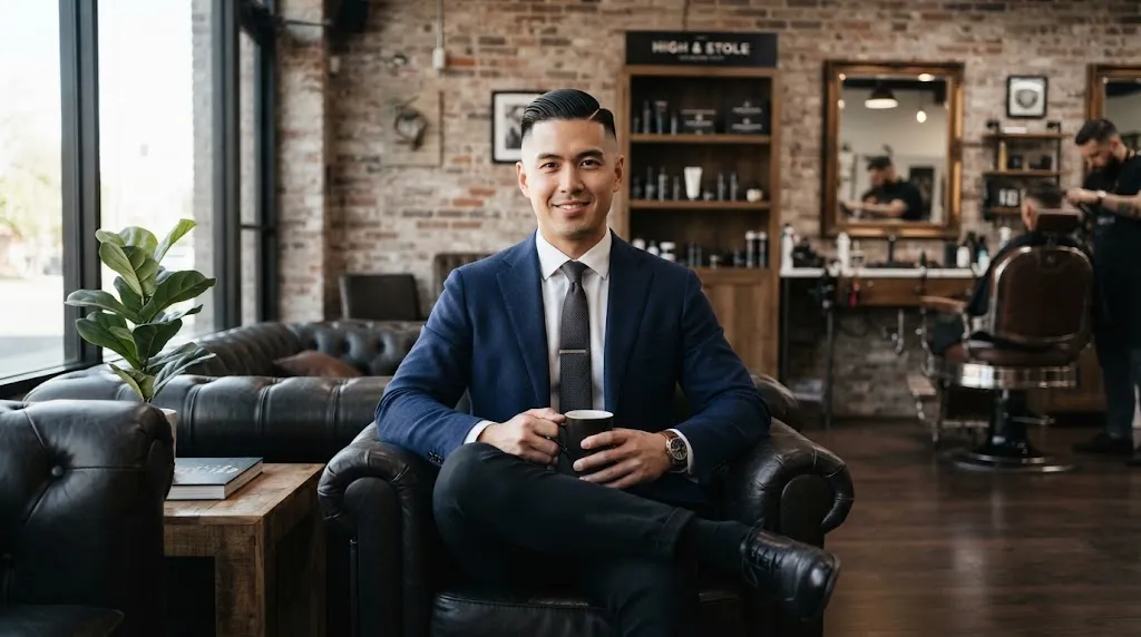 A stylish man with a classic side part haircut and clean skin fade designed for a round face shape.