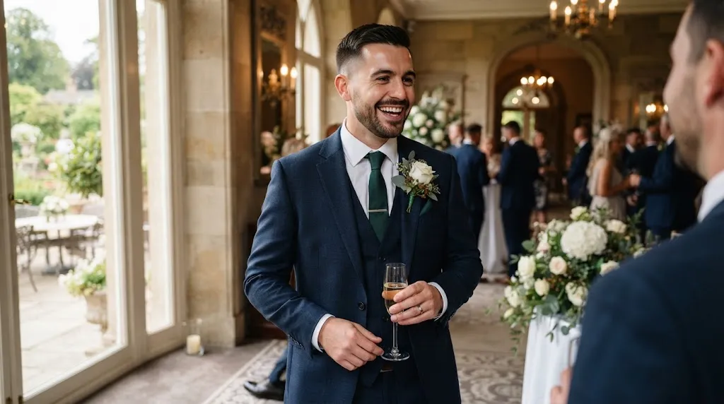 A handsome groom showcasing a clean classic taper haircut and a sharp wedding suit in an elegant setting.