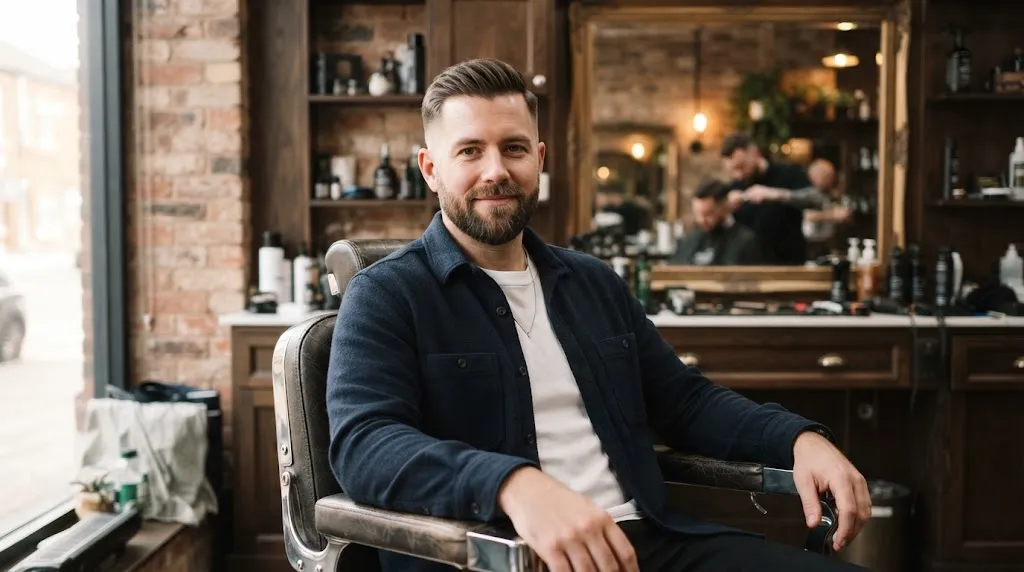 A stylish man sitting in a barbershop showcasing a clean classic taper haircut with longer hair on top and neatly faded sideburns.