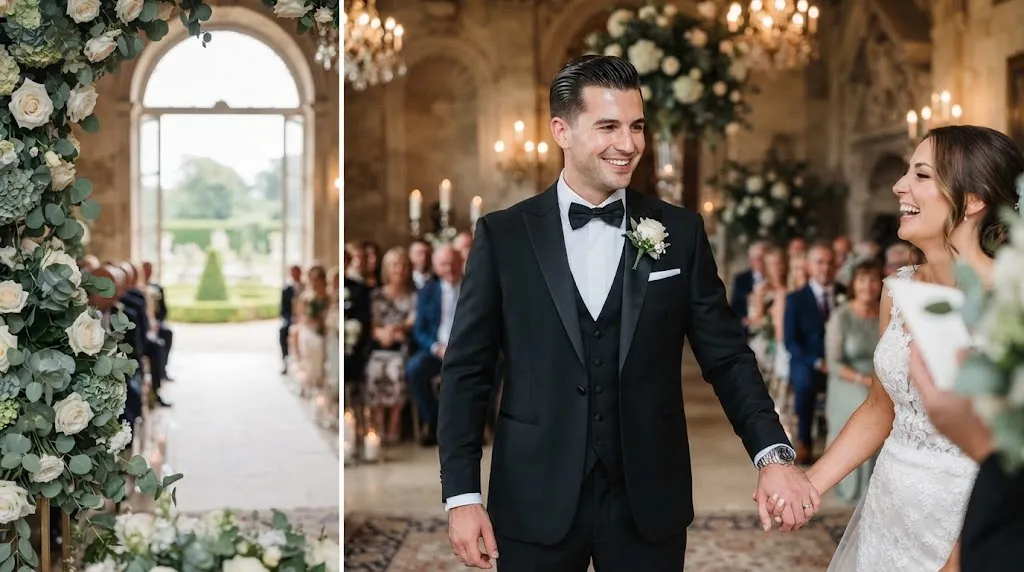 A handsome groom with a clean-shaven face showcasing a classic, polished wedding hairstyle for a traditional ceremony.