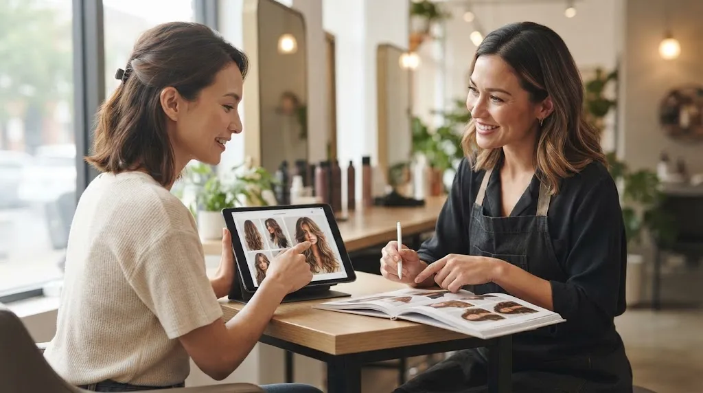 "A smiling woman and a professional hair stylist reviewing digital hairstyle images on a tablet and lookbook in a bright salon during a consultation."