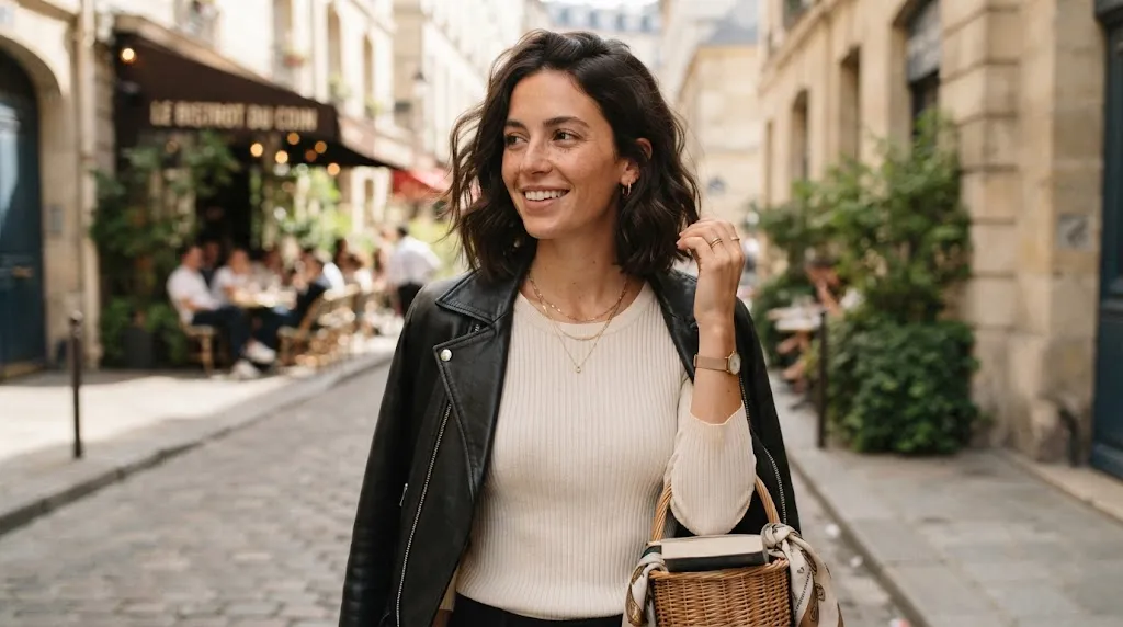 A young woman with a chic collarbone-length Italian midi bob haircut featuring texturized ends and modern movement