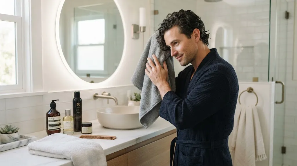 Man avoiding common hair maintenance mistakes by using proper drying techniques for wavy hair
