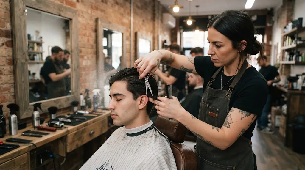 A professional barber meticulously styling a man's hair to demonstrate common mistakes to avoid during men's hair styling and maintenance.