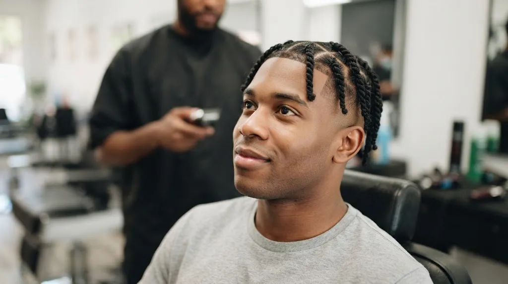 A young man sitting in a barber chair checking his neat two-strand twist hairstyle while addressing common hair care and maintenance problems.