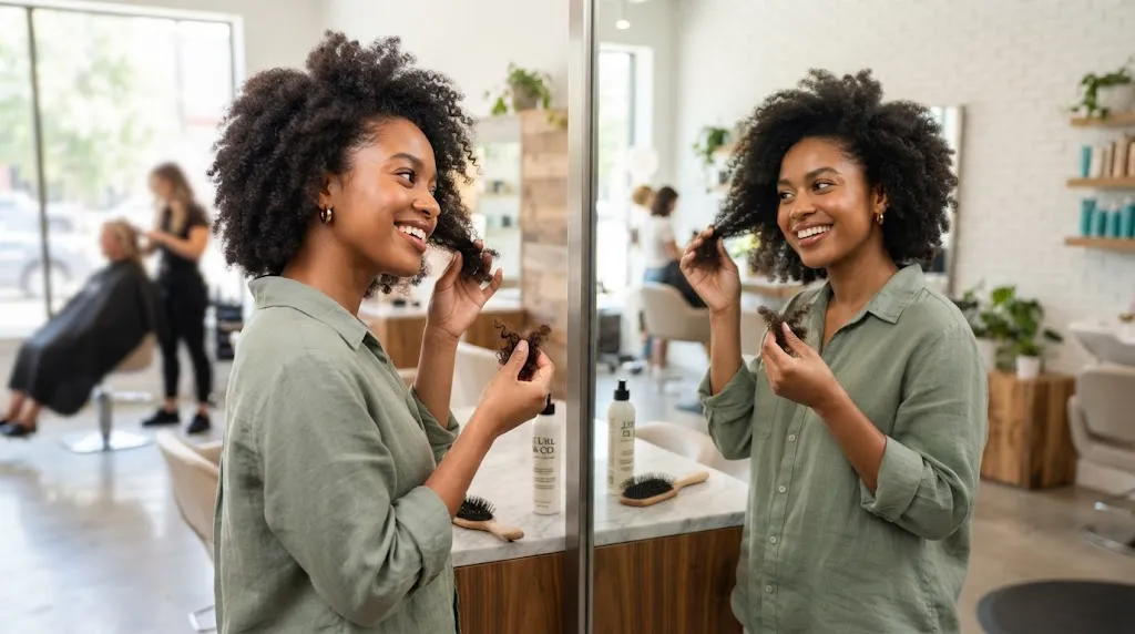 A person closely examining and comparing their natural hair texture in a bright modern salon mirror