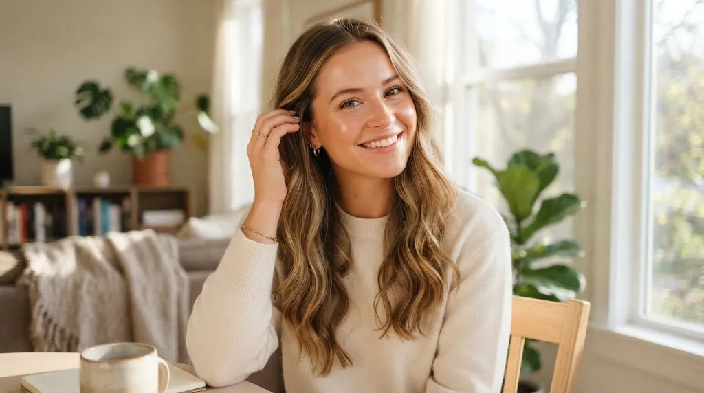 A young woman gently tucking front hair sections behind her ear for a neat open hairstyle
