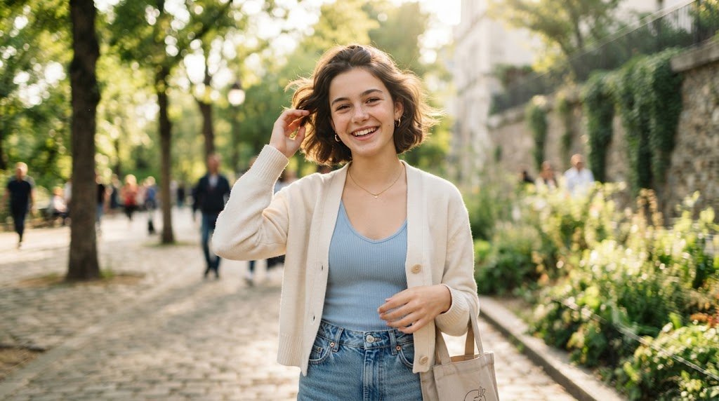 A stylish teenage girl with a trendy short bob haircut smiling outdoors in soft natural daylight.