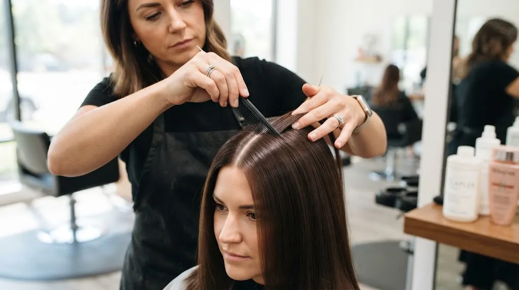 Professional hairstylist using a tail comb to create a sharp, clean middle part in glossy brunette hair for an open hairstyle.