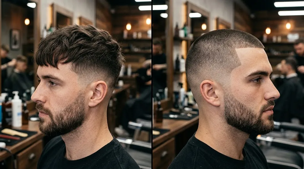 Side by side visual comparison of a textured French crop haircut and an ultra short buzz cut in a barbershop setting
