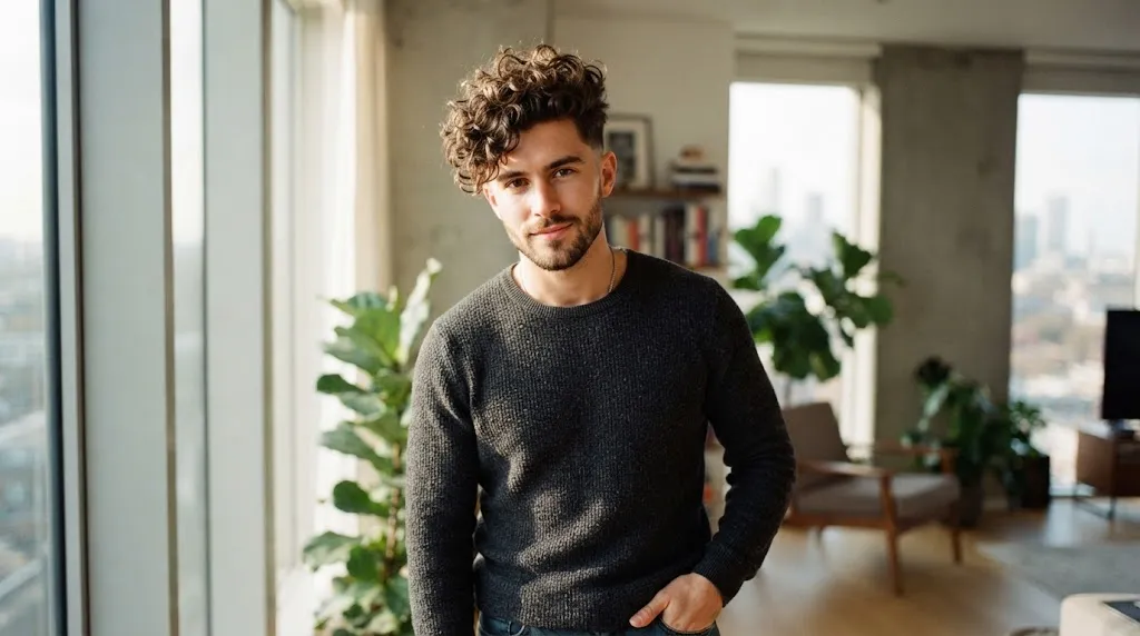 A young man showcasing a modern, high-volume curly bedhead hairstyle with natural ringlets and clean tapered sides.