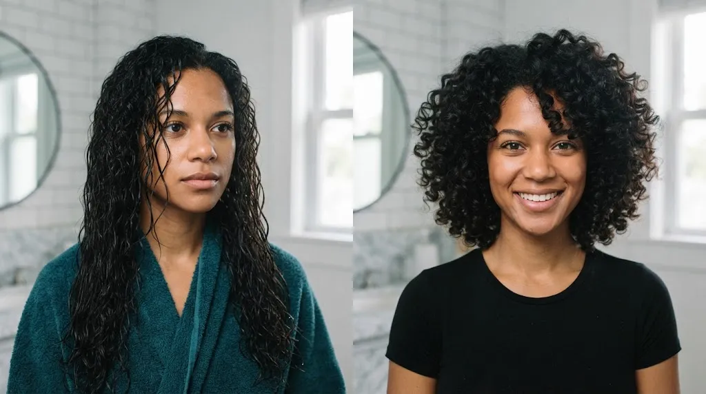 A side-by-side comparison showing a woman with long wet curly hair on the left and much shorter, voluminous, bouncy dry curly hair on the right, illustrating natural hair shrinkage.