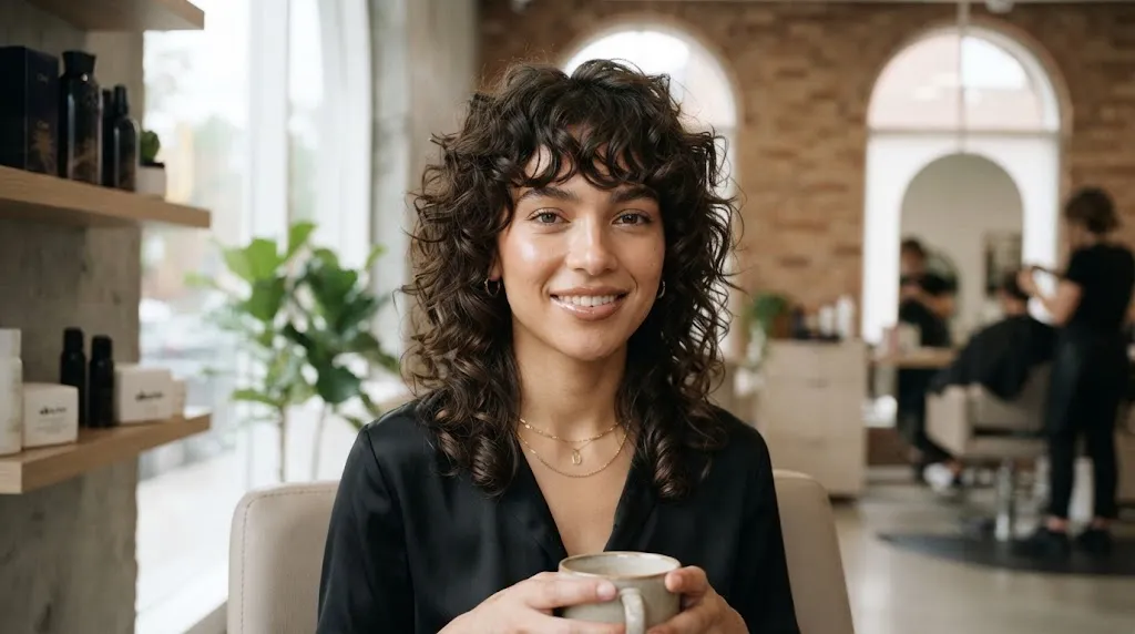 Stunning portrait showcasing curly thick hair styled in a modern curly wolf cut with deep side-part layers for optimal volume and shape control.