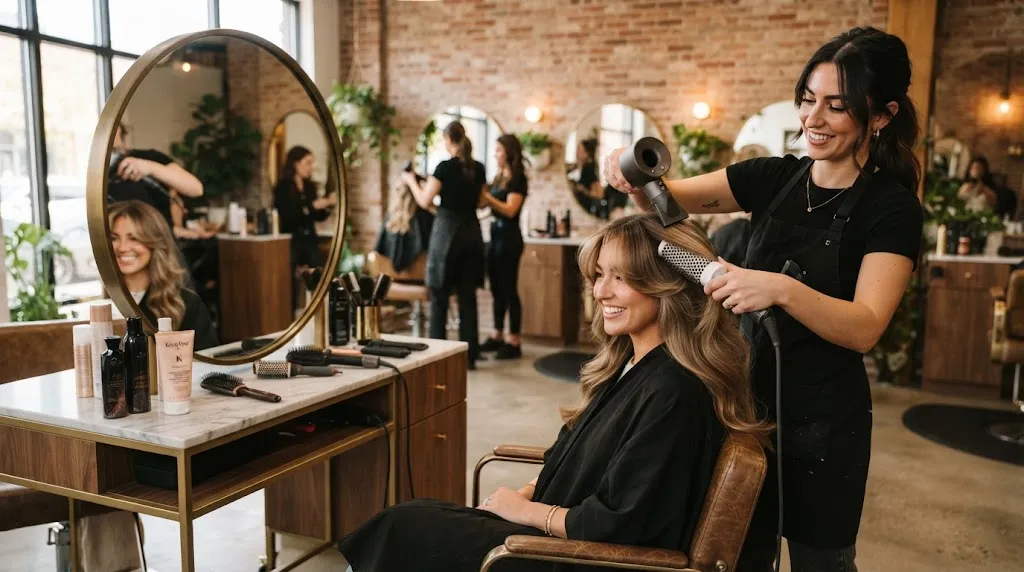 A professional hairstylist styling soft curtain bangs with a round brush on a woman in a salon to balance a wide forehead.