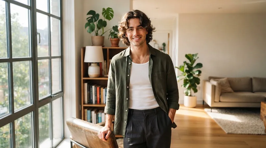 A stylish man with a trendy 90s curtain fringe and medium-length wavy hair framing his face