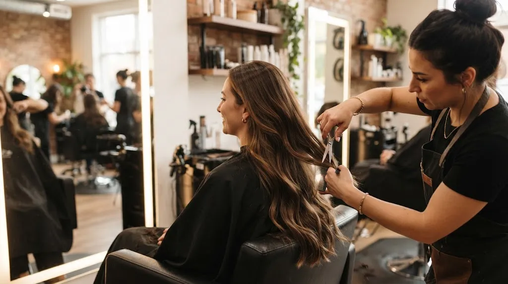 Professional hairstylist cutting deep long layers into long healthy hair in a modern salon