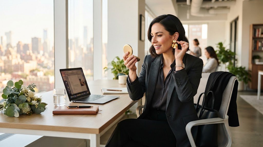 Professional woman transitioning her office hairstyle and look from a daytime desk setting to an evening event.