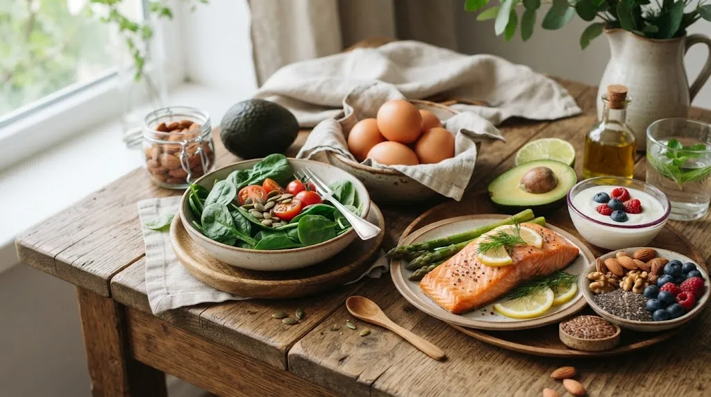 Fresh whole foods including eggs, fish, leafy greens, and nuts arranged on a table for hair nutrition and dietary basics