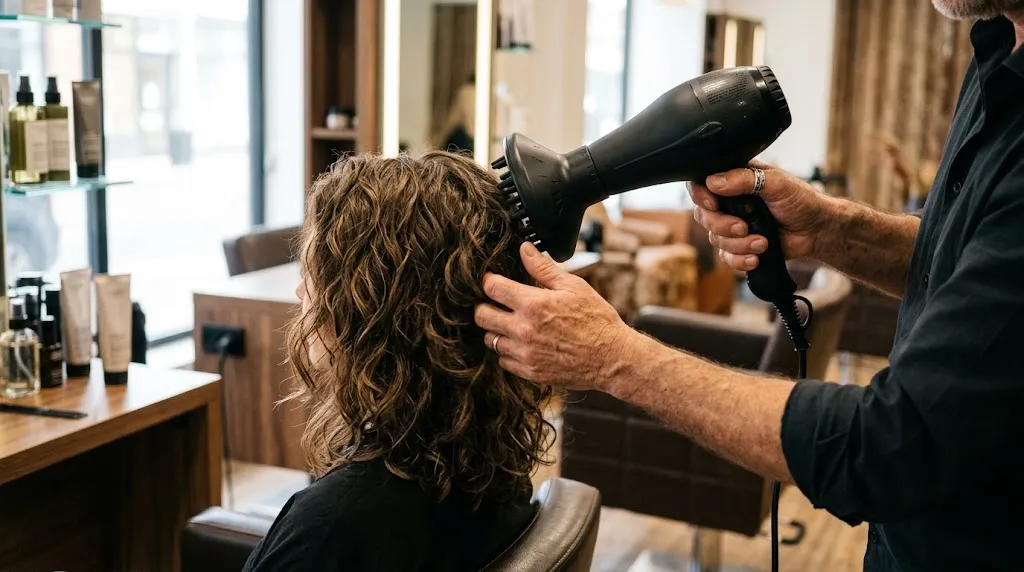 Man using a hair dryer with a diffuser attachment to dry and style medium-length wavy hair