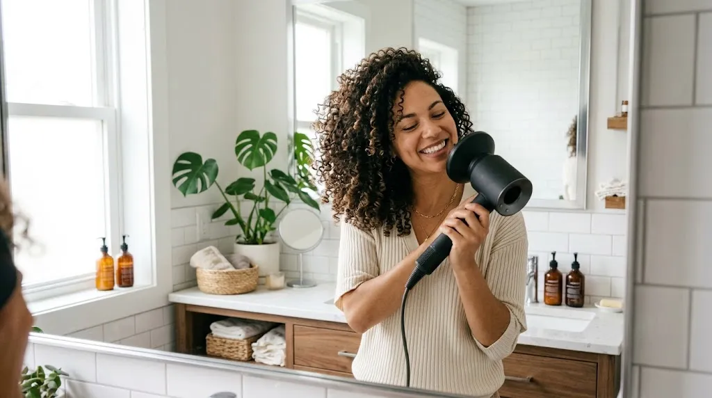 A woman using a hair dryer with a diffuser attachment to define natural curls in a bright bathroom