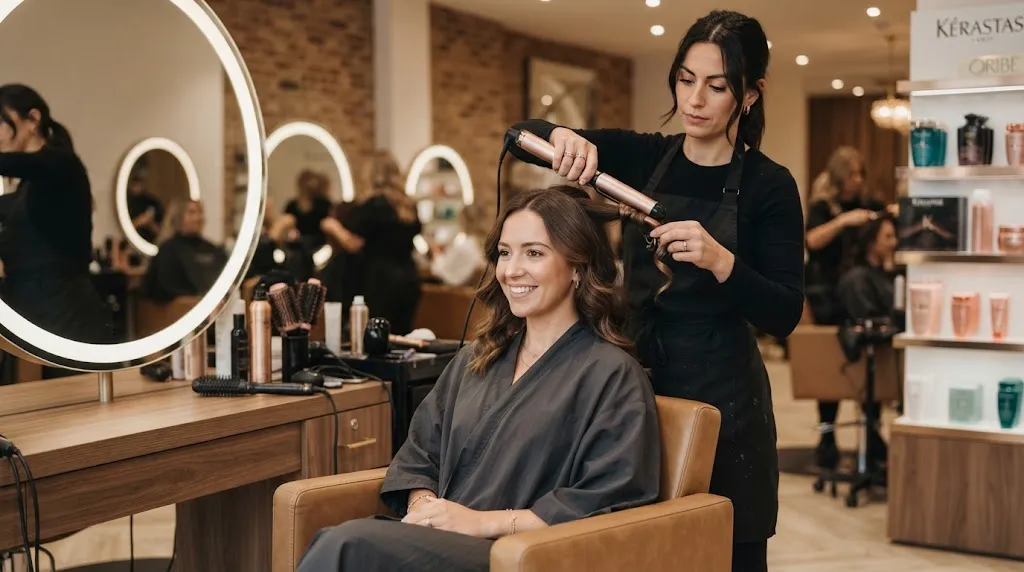 A professional stylist using styling tools on a client's hair in a salon to demonstrate heat styling effects and hair care.