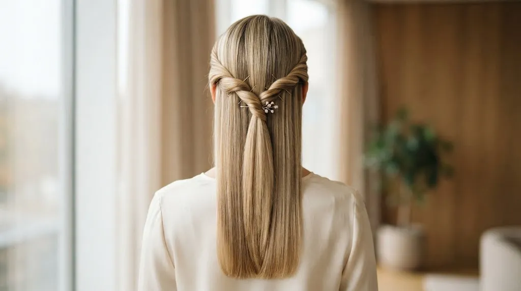Back view of long blonde straight hair styled with a double side-pinned twist secured at the center crown for an effortless everyday look