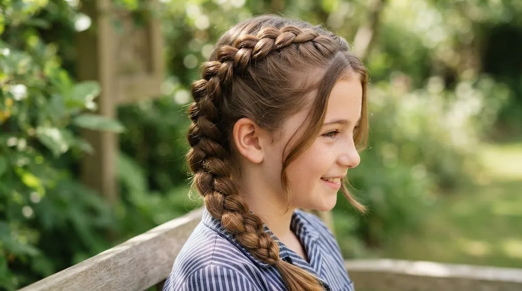 Young girl with a clean, inverted 3-D Dutch braid hairstyle viewed from the side outdoors