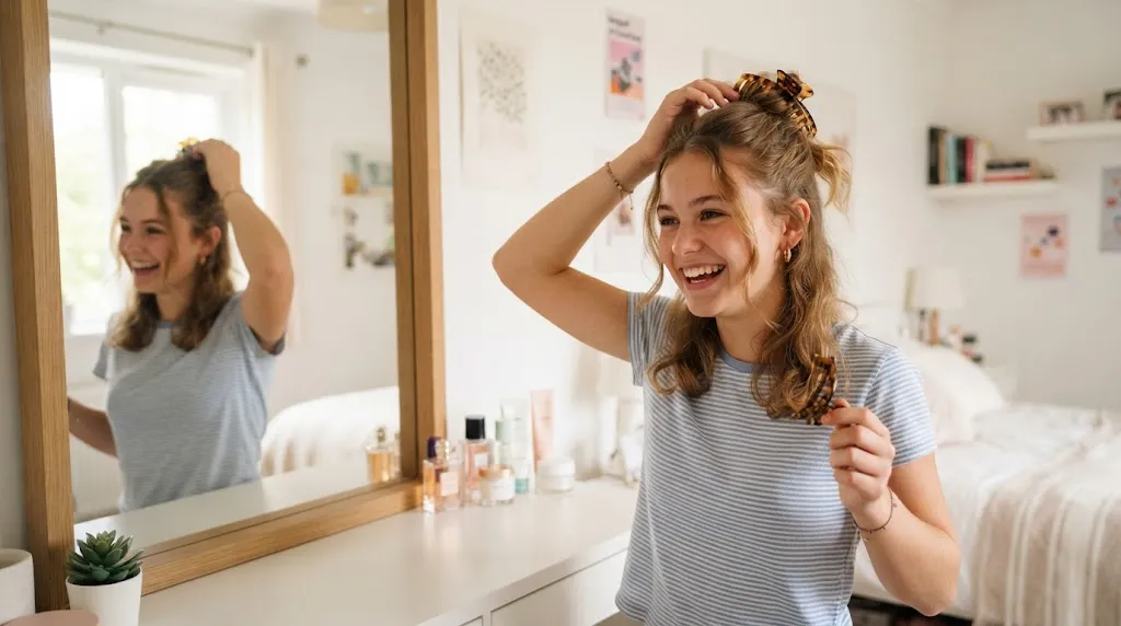 A teenage girl smiling while doing a quick 2-minute claw clip hairstyle in a bright room