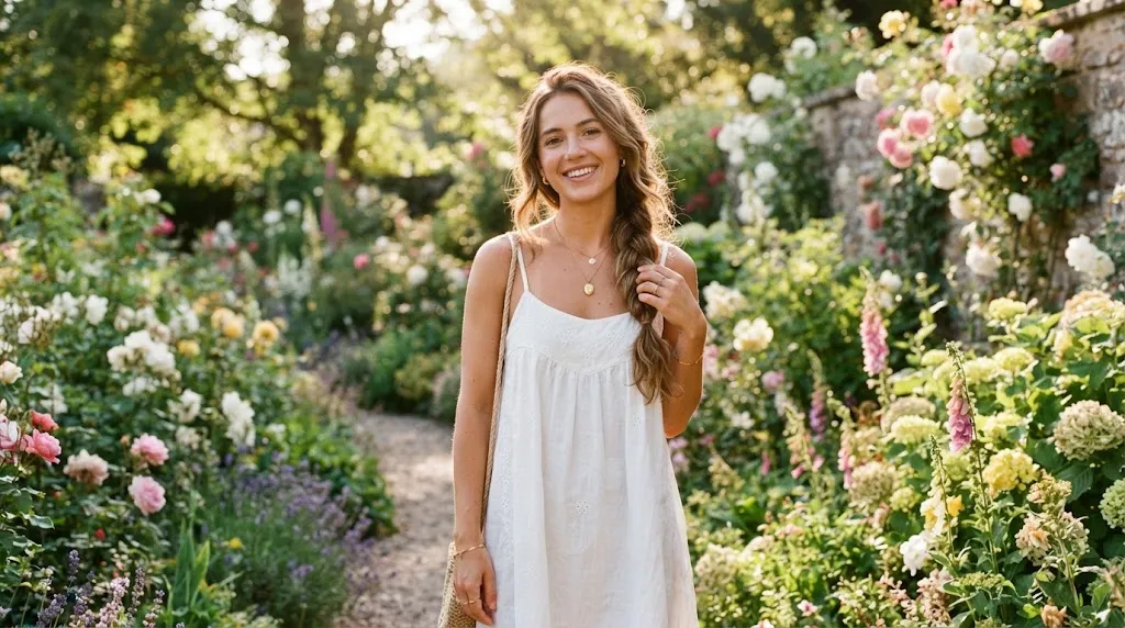 A woman with long hair wearing an effortless loose messy braid styled for summer hair care.