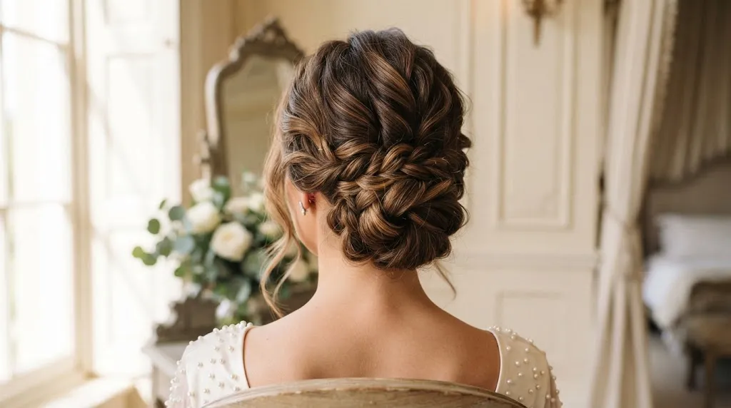 A sophisticated low chignon updo hairstyle on long hair, perfect for summer heat and formal occasions.