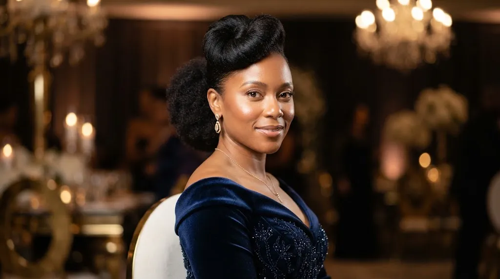 A Black woman wearing an elegant sculpted crown roll and textured nape bun hairstyle for a formal event
