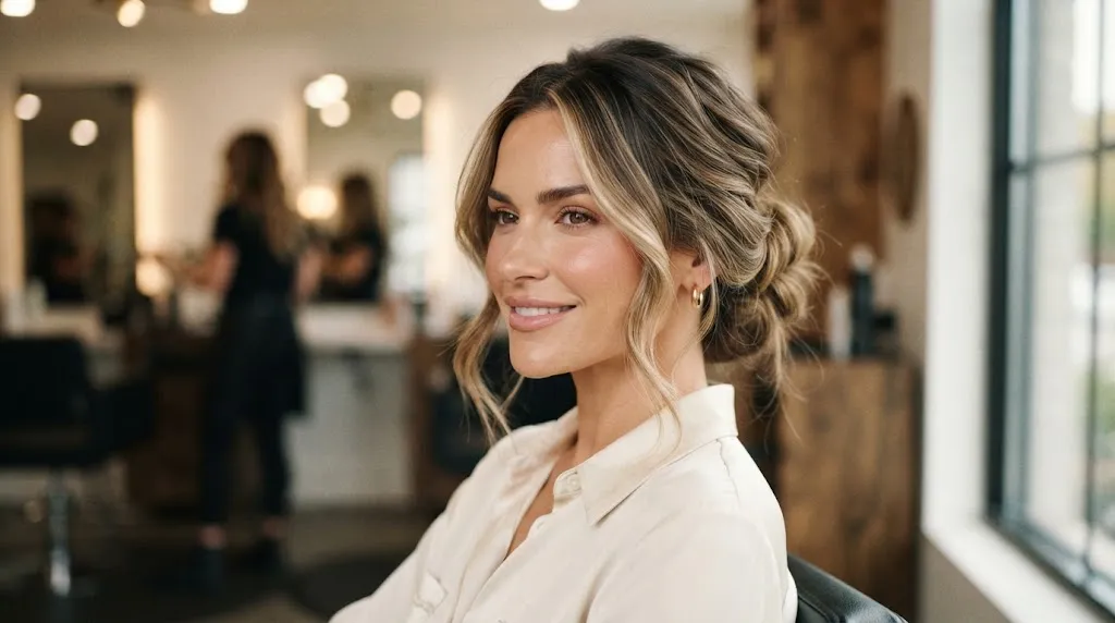 A sophisticated woman with a square face shape wearing a soft romantic low loose chignon hairstyle with face-framing tendrils.