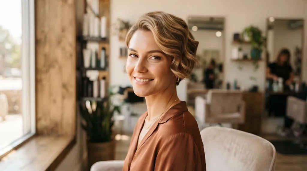 A woman with a sophisticated and polished short pixie hairstyle featuring elegant sculpted waves for a formal event.