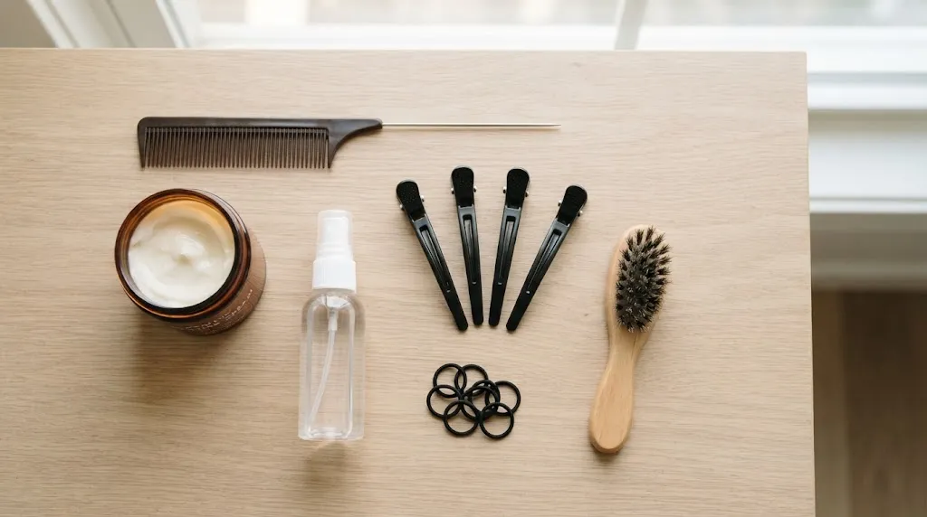 Flat lay of essential natural hair twisting tools including a rattail comb, twisting cream, water spray bottle, clips, and elastics on a clean surface