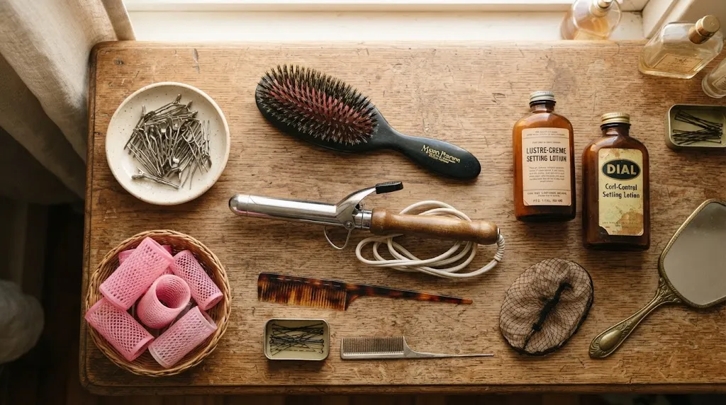 Professional flatlay of an essential vintage hair toolkit including double-prong metal curl clips, boar bristle teasing brush, and marcel curling iron on a wooden vanity.