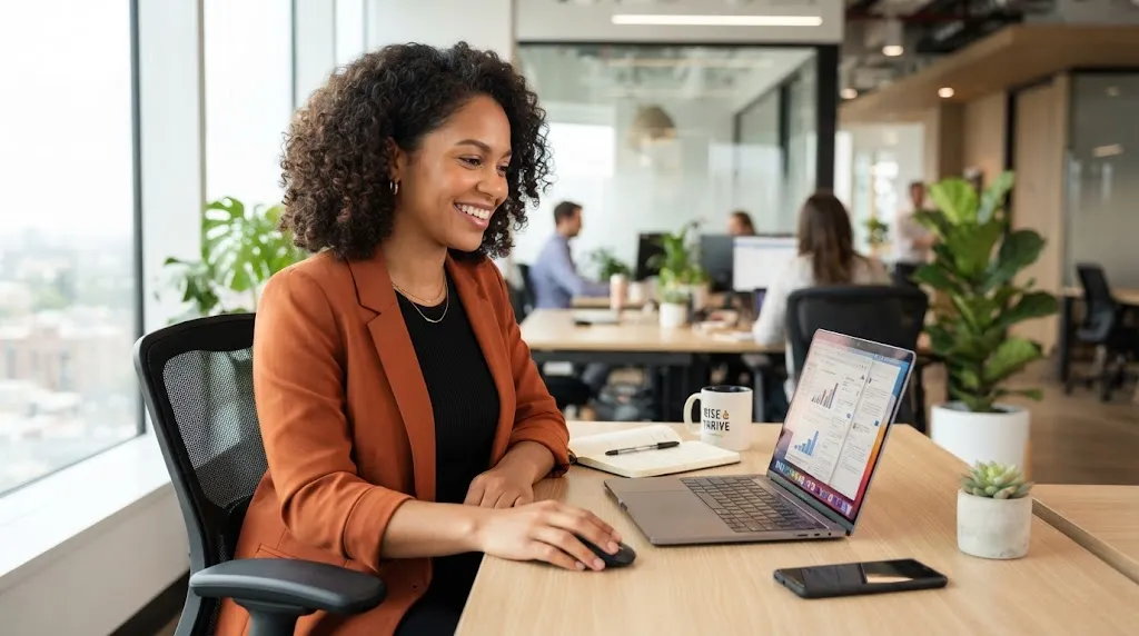Professional woman with everyday and office-appropriate soft curls working in a bright office environment
