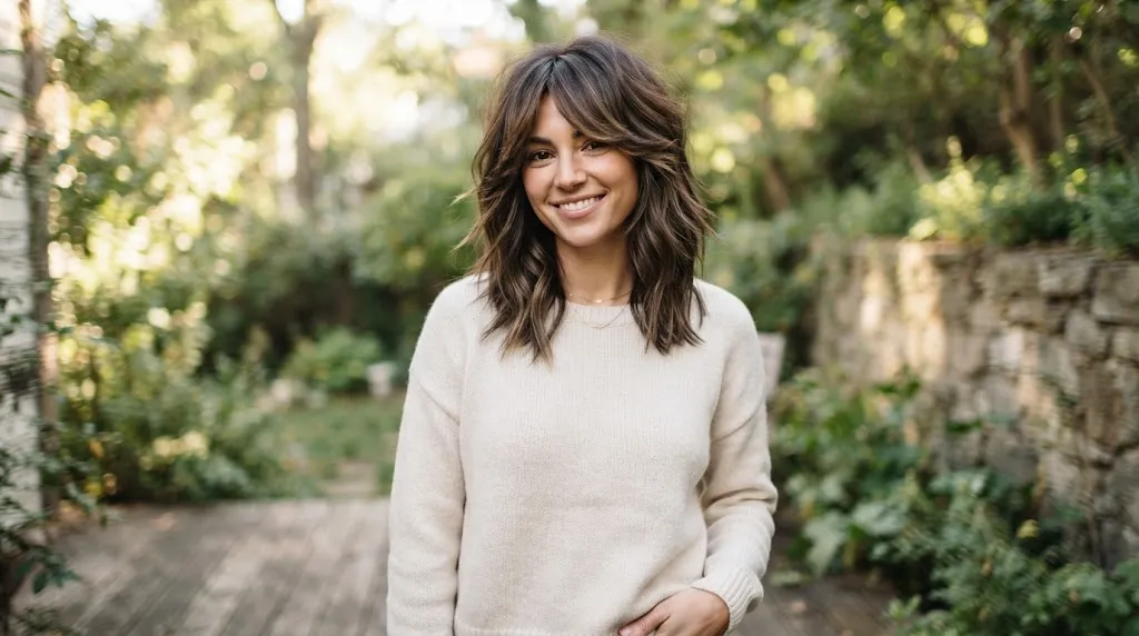 Woman with a modern shag haircut featuring soft face-framing layers to balance a wide forehead
