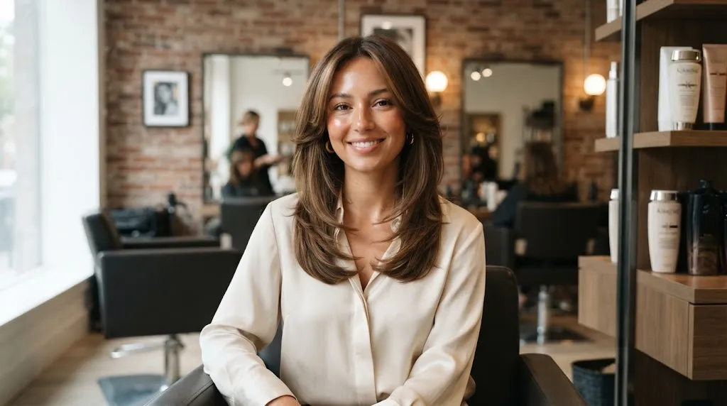 A professional salon view of a woman showcasing soft face-framing layers haircut that accentuate her cheekbones and slim her face.