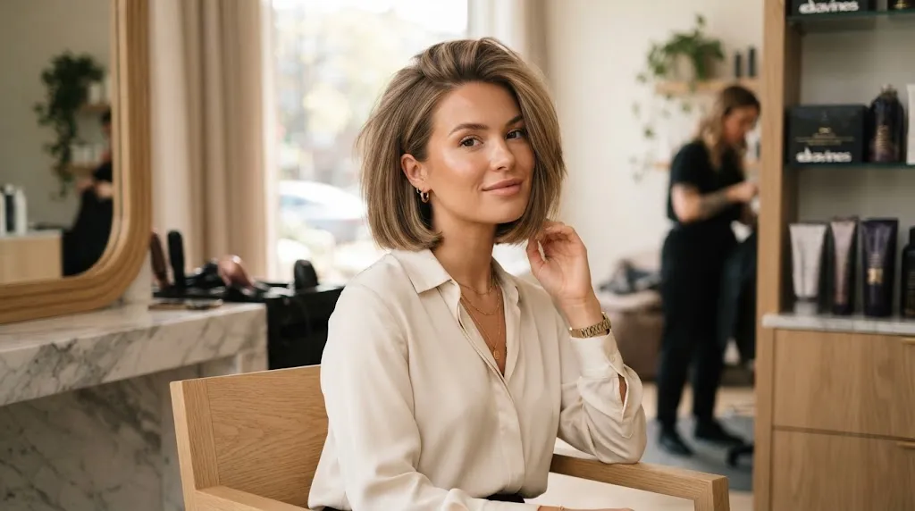 A stylish woman with a fine hair box bob haircut showing volume and a clean blunt perimeter