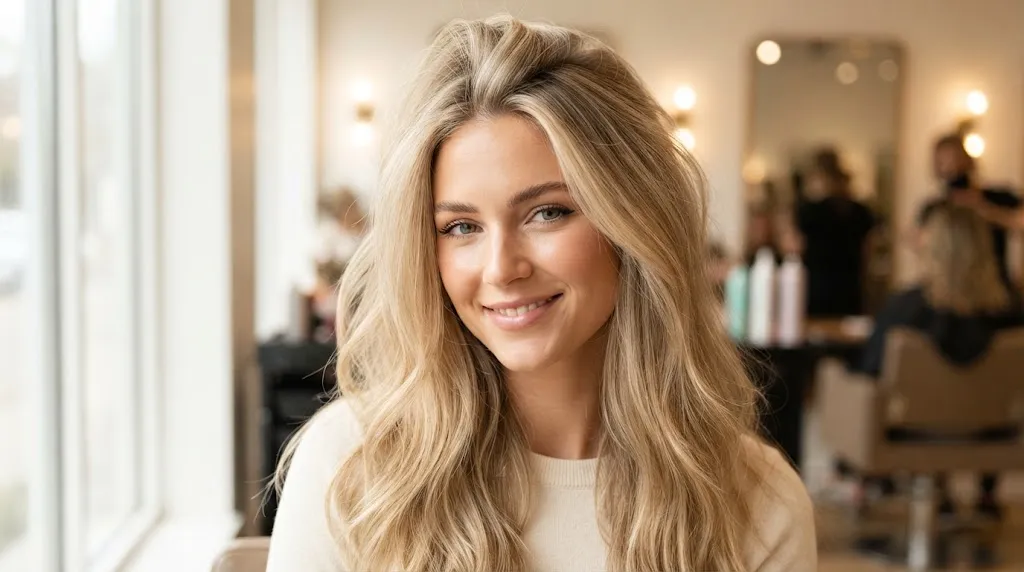 A young woman with fine long hair showcasing natural root volume and healthy texture