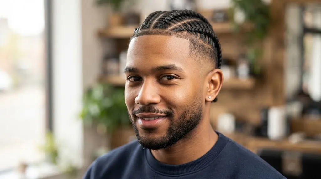 Close-up view of a young Black man with neat flat barrel twists running straight back and a sharp fade.