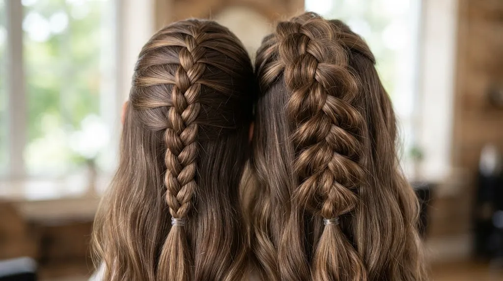Close-up comparison of French and Dutch braids on long hair for summer styling and heat management