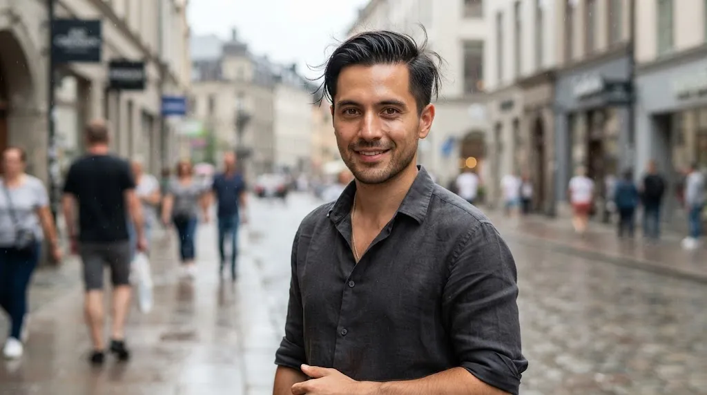 Man with sleek straightened hair experiencing light frizz and flyaways in humid outdoor weather