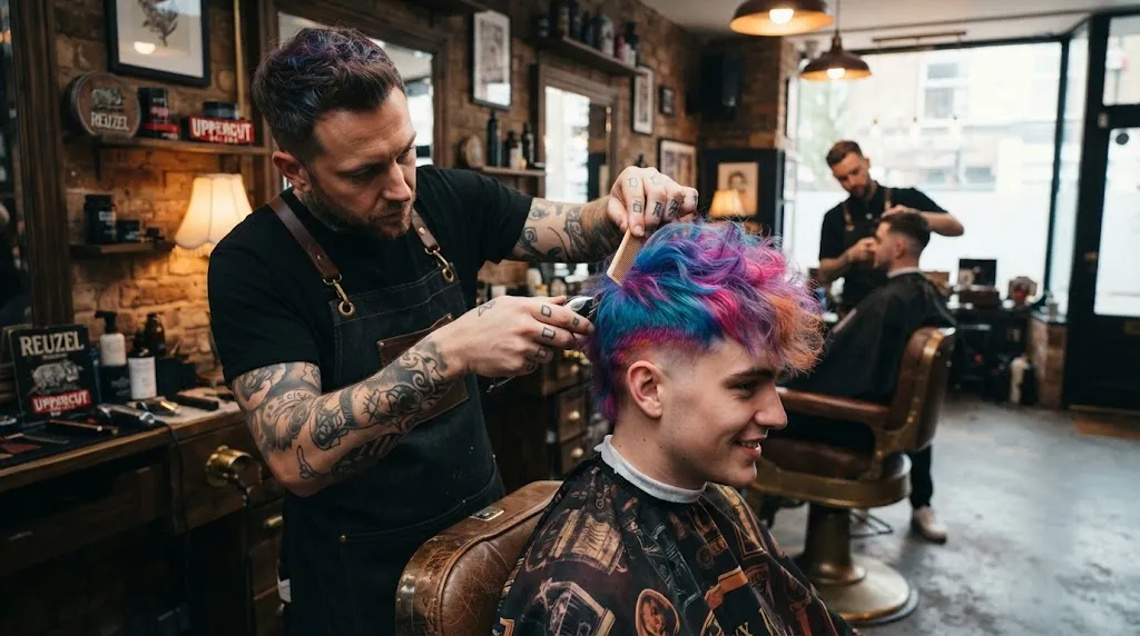 A professional barber styling a trendy and funky male haircut with bold vibrant colors in a modern barbershop
