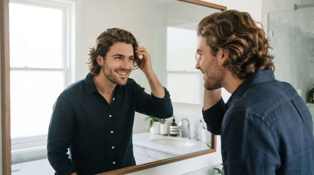 A stylish man with clean, naturally textured wavy hair free of grease or product buildup, demonstrating proper styling for men's wavy hair.