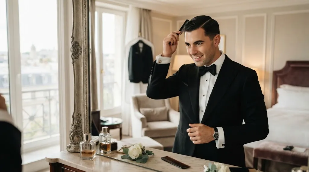 A stylish groom adjusting his hair and looking in the mirror while choosing the best groom hairstyle for his wedding day