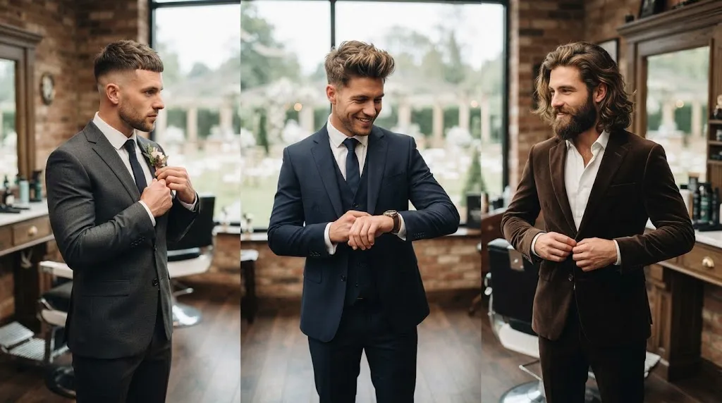 A side-by-side comparison of short, medium, and long groom hairstyles for weddings, showcasing different hair lengths with tailored wedding suits.
