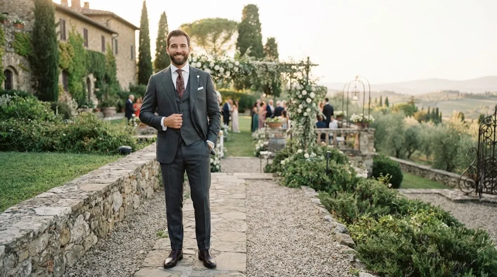 A well-groomed groom with a stylish haircut posing elegantly at an outdoor wedding venue, matching his hairstyle to the wedding style.