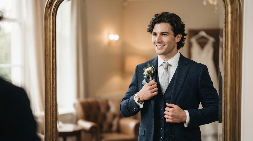 A handsome groom in a navy suit checking his wedding hairstyle and face shape in a vintage mirror