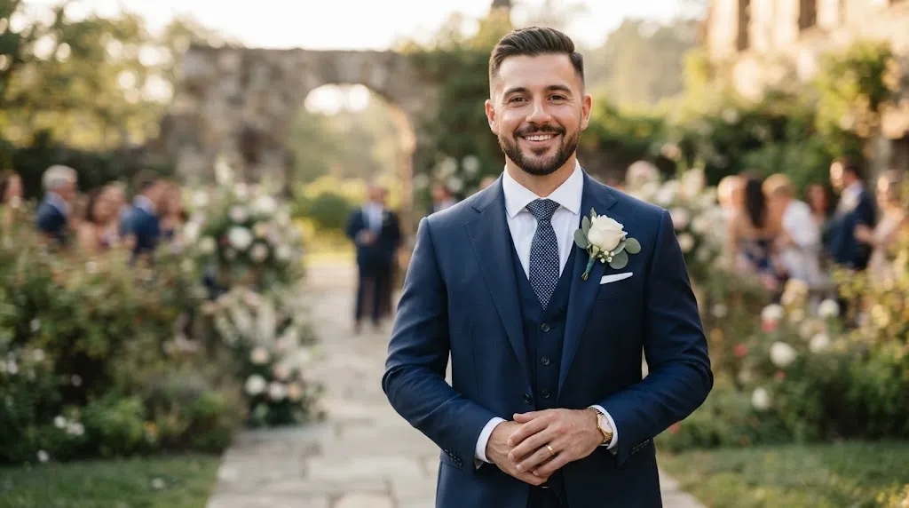 A stylish groom with a modern wedding haircut and a short neatly groomed beard wearing a formal suit
